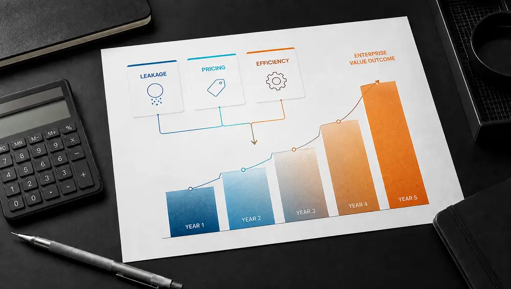 Five-year enterprise value projection driven by leakage recovery, pricing alignment, and operational efficiency